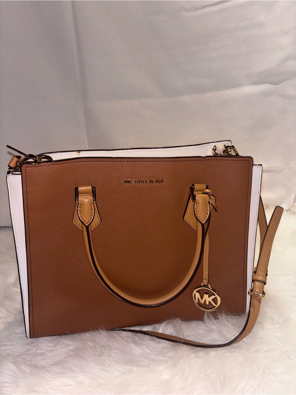 Michael Kors Tan and White Saffiano Leather Purse with Gold Hardware